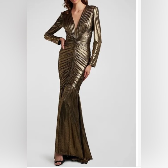 Tadashi Shoji- Ruched Deep V-Neck Gold Metallic Jersey Gown - Picture 2 of 3